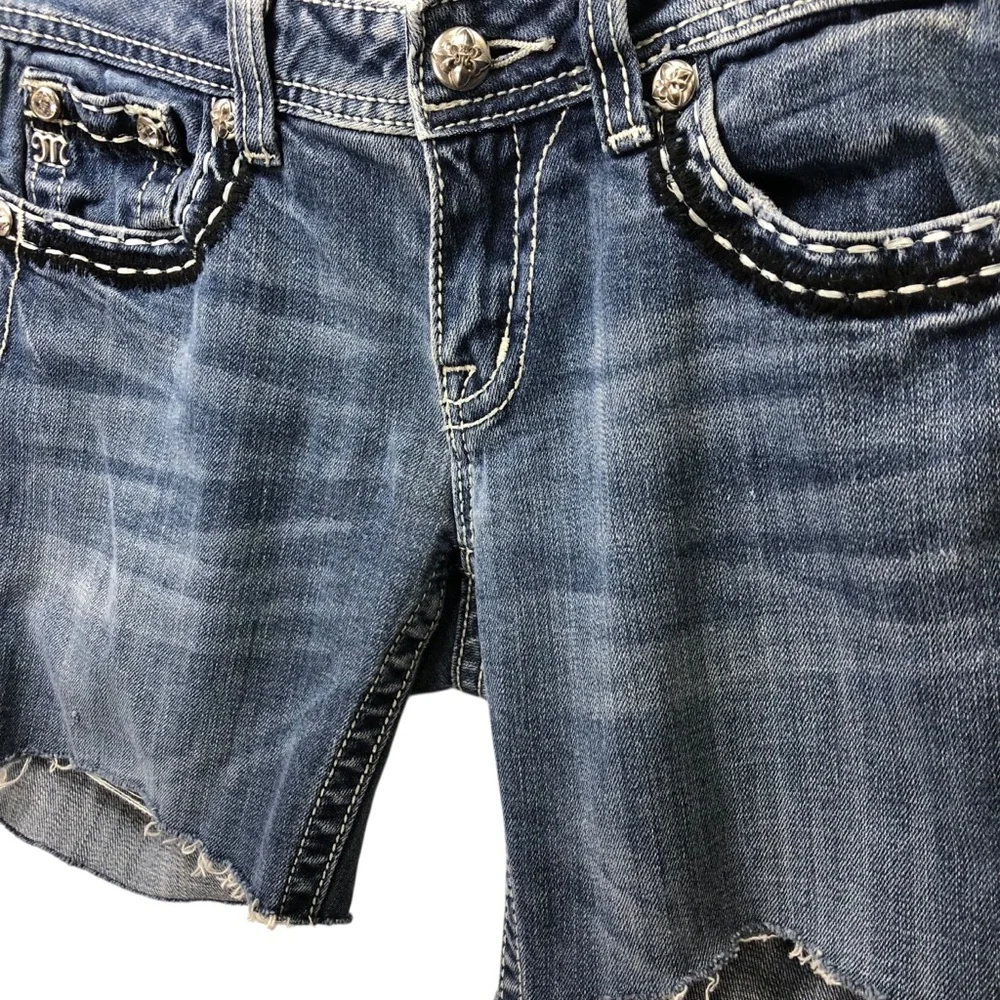 Miss Me Sz 27 Y2K Bling Denim Cutoff Shorts Dark Wash Flap Pocket Low Rise Retro
